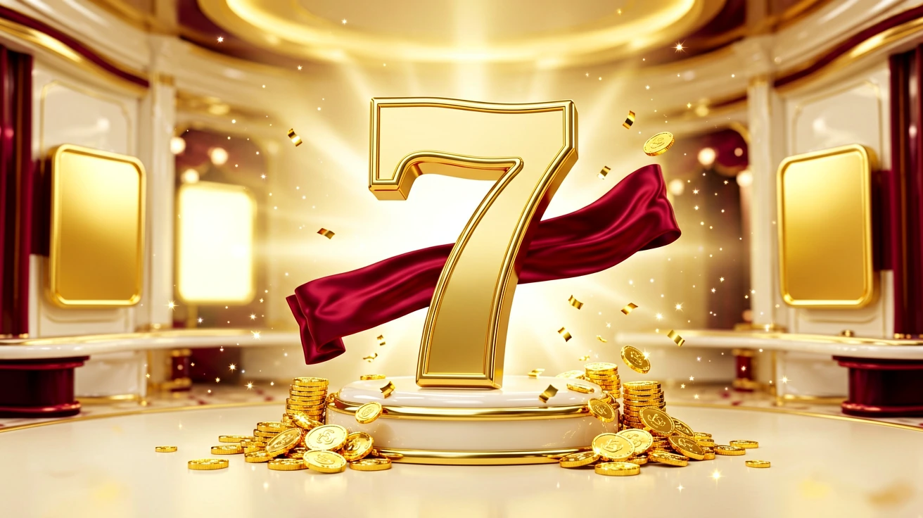 Gintong lucky seven sa gitna ng porselanang casino hall
