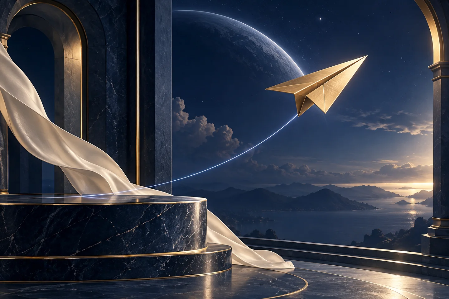 Gold paper airplane above a sapphire horizon