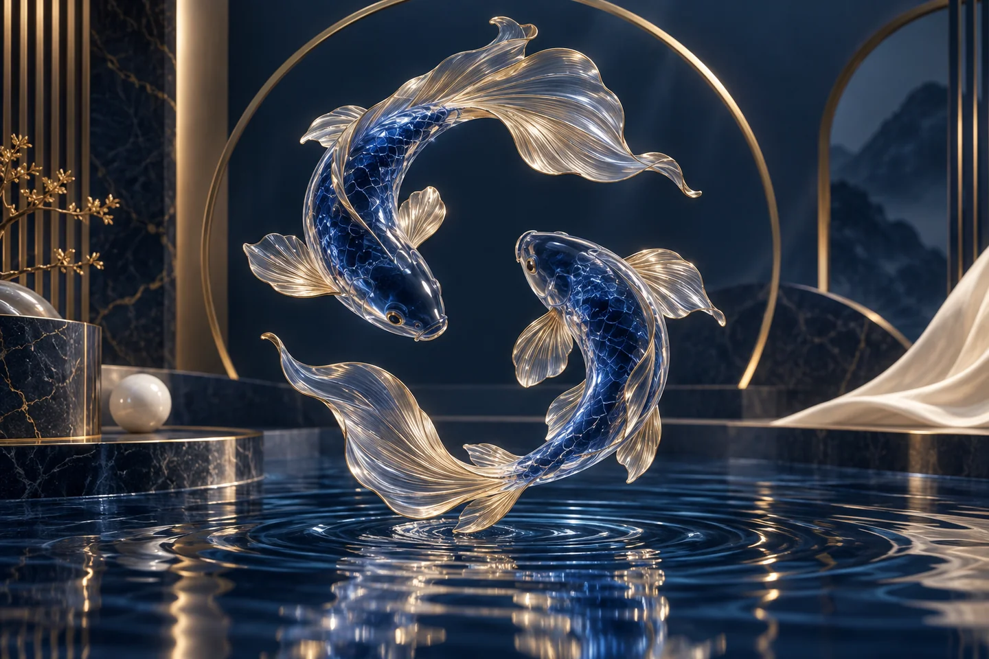 Two sculpted sapphire koi fish