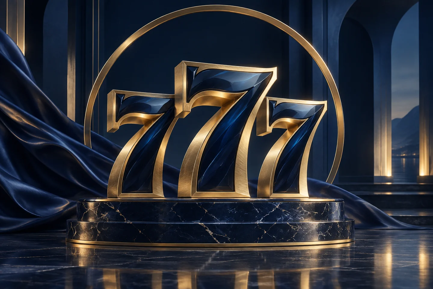 Sculpted gold 777 in a sapphire gallery