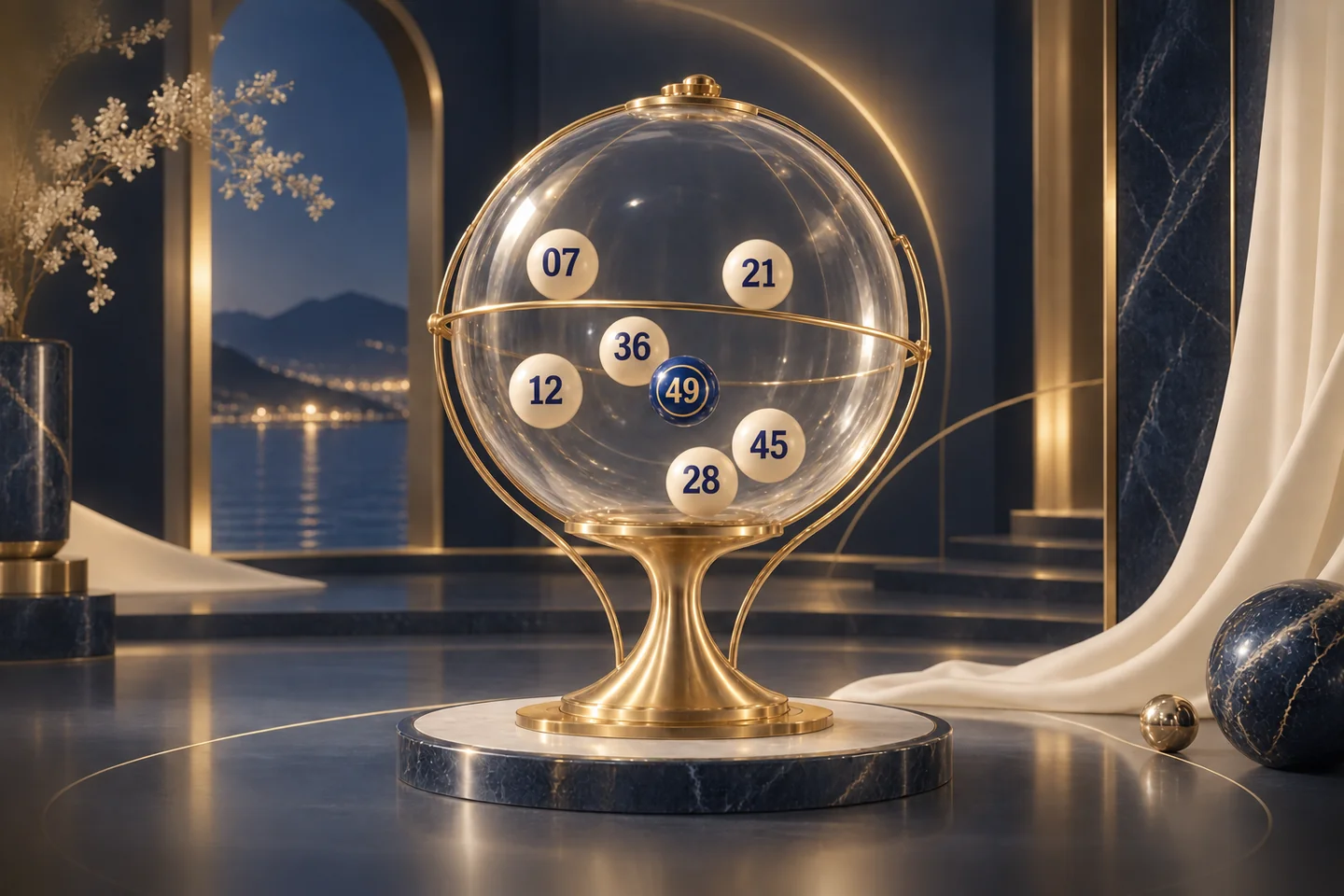 Salaming tambol ng lottery na may mga bolang may malinaw na numero