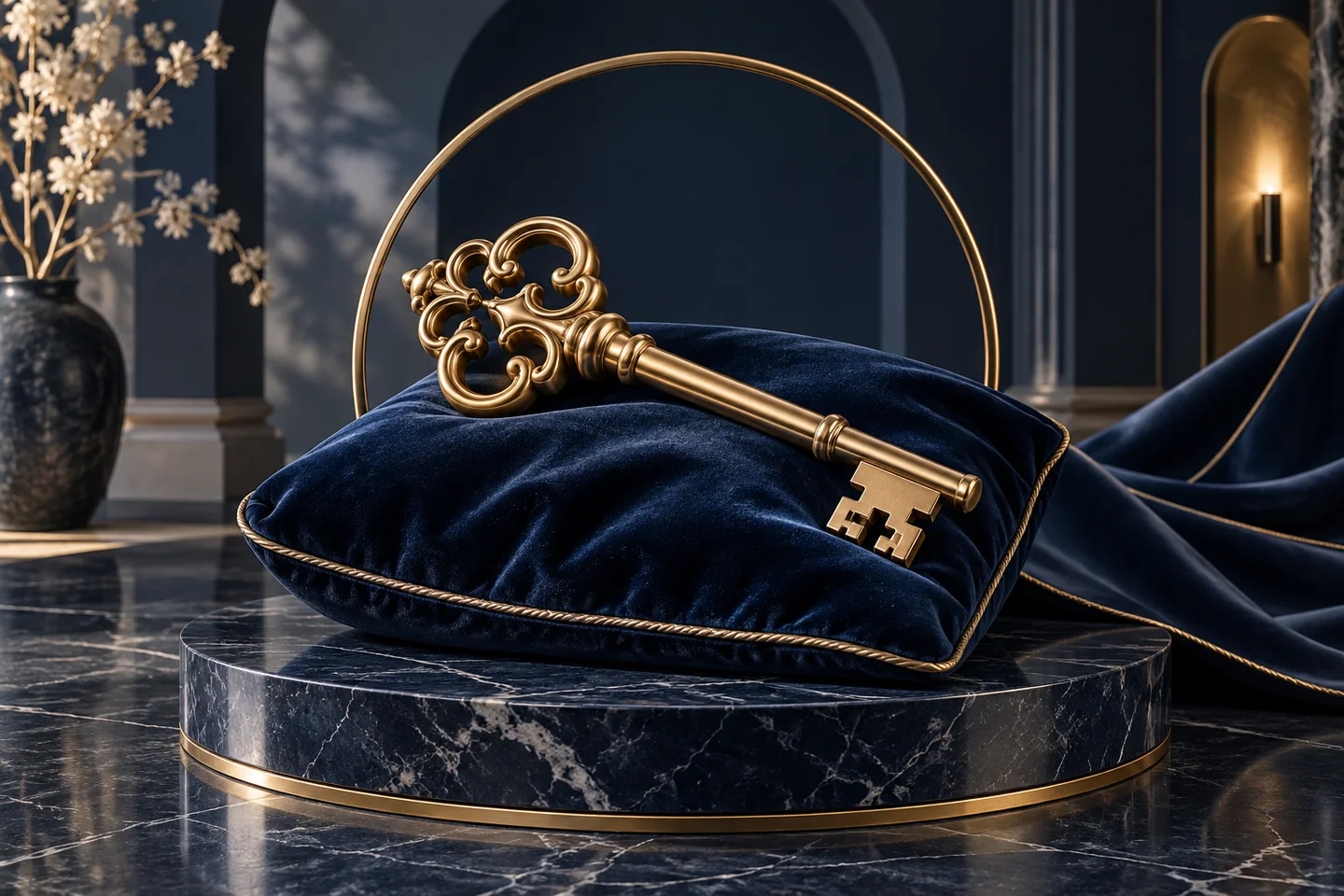 Golden key on a sapphire velvet cushion