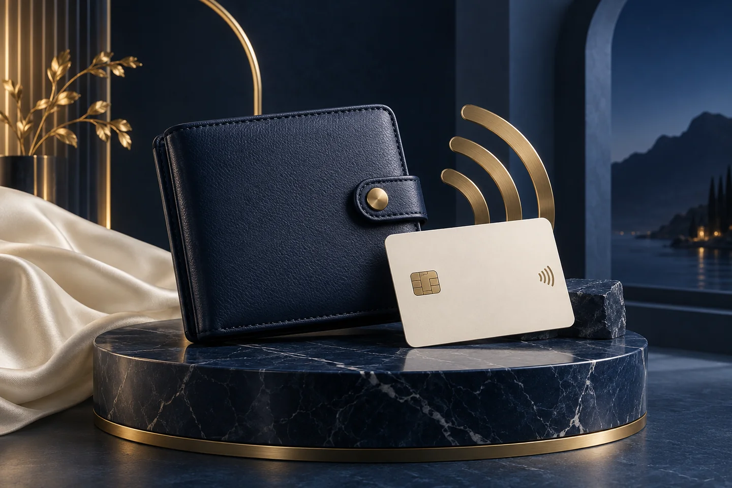 Wallet na sapphire at payment card na ivory