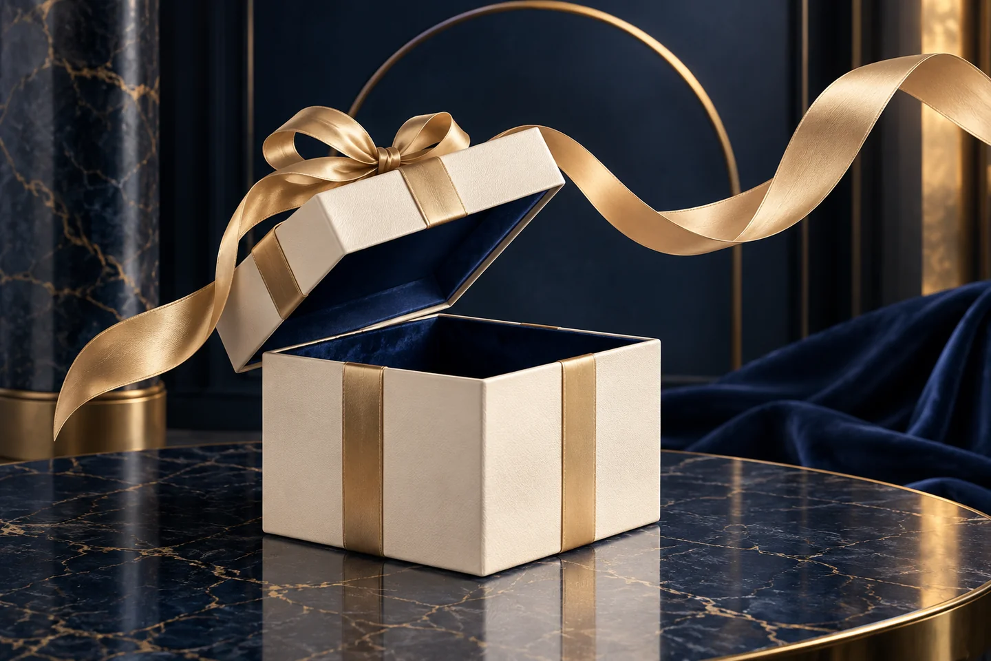 Ivory gift box and champagne ribbon