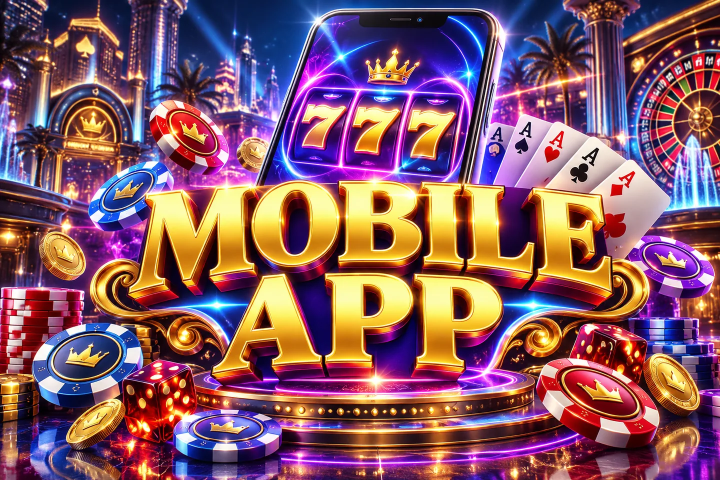 Gold Mobile App title with a smartphone and triple-seven symbol