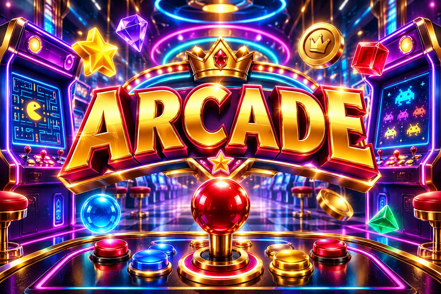 Gold Arcade title with neon cabinets and a joystick