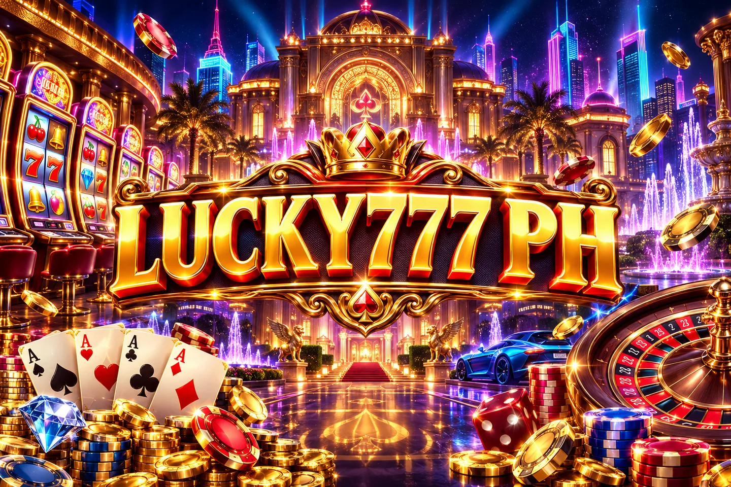 Lucky777 PH neon casino panorama with slots, roulette and chips