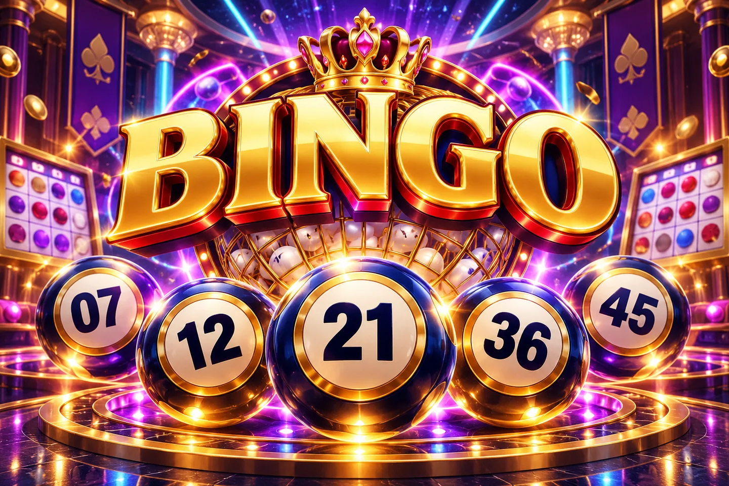 Gold Bingo title with balls numbered 07, 12, 21, 36 and 45