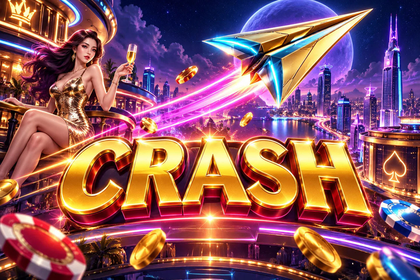 Gold Crash title and futuristic aircraft above a neon city