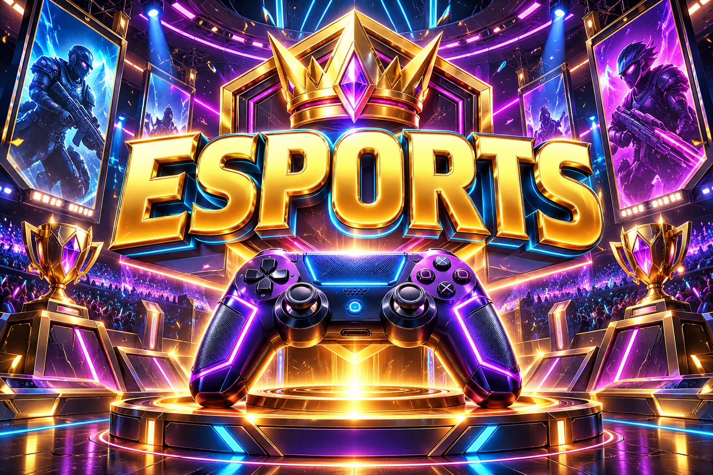 Gold Esports title and a neon game controller in an arena
