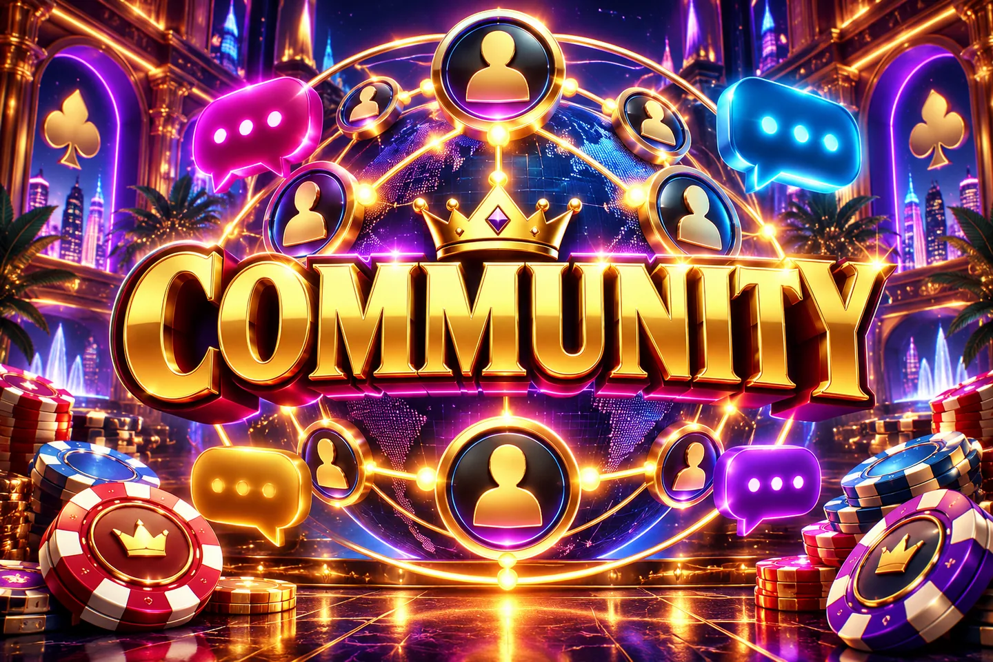 Gold Community title with connected profile symbols and speech bubbles