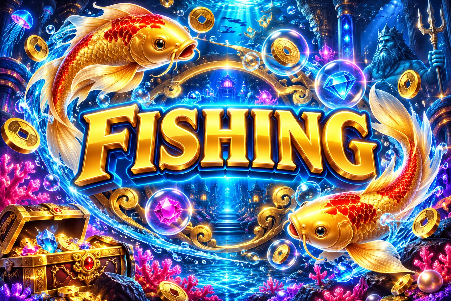 Gold Fishing title with koi in a neon underwater world