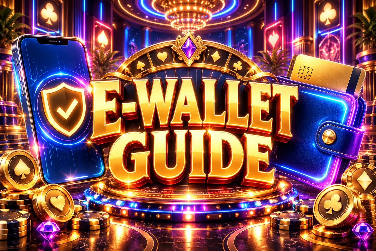 Gold E-Wallet Guide title with a phone, shield, wallet and card