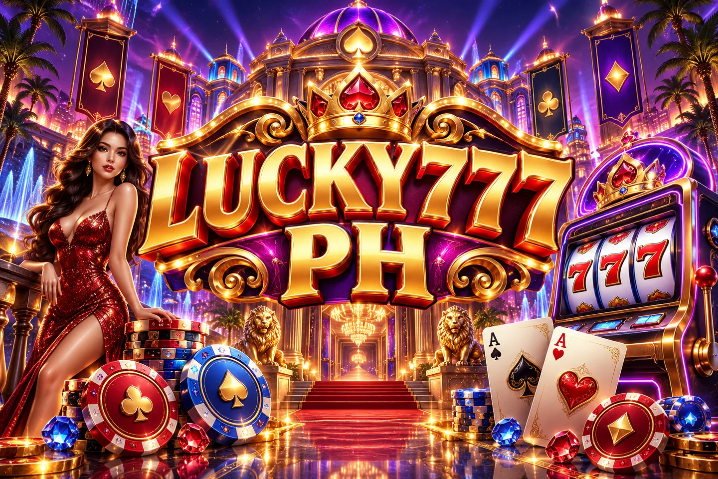 Lucky777 PH gold 3D lettering, casino palace, slots and playing cards