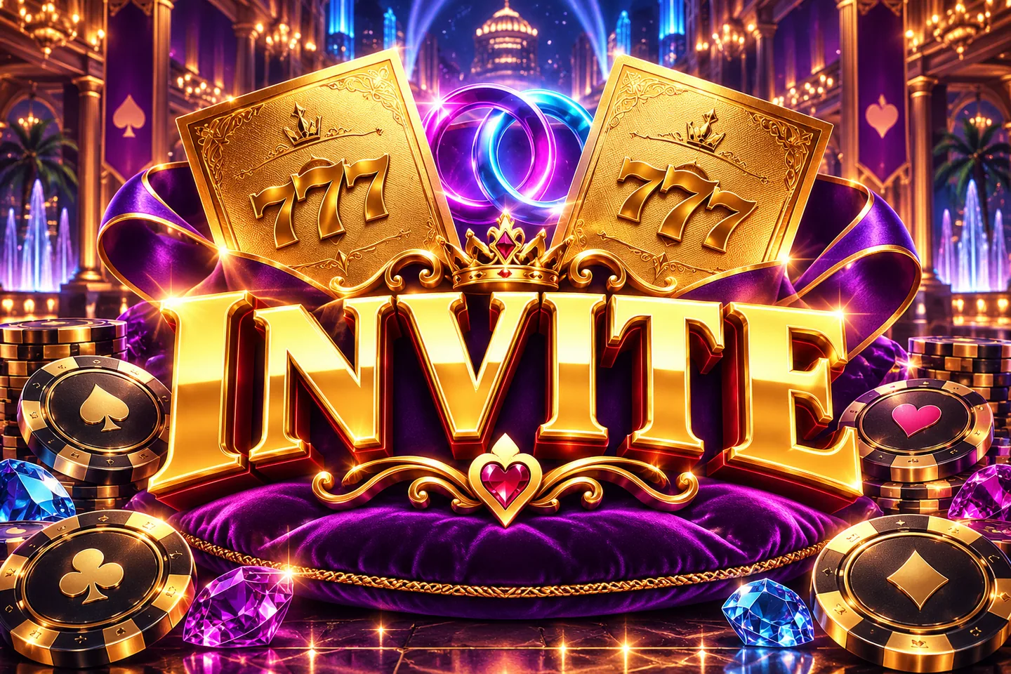 Gold Invite title with invitation cards and linked neon rings