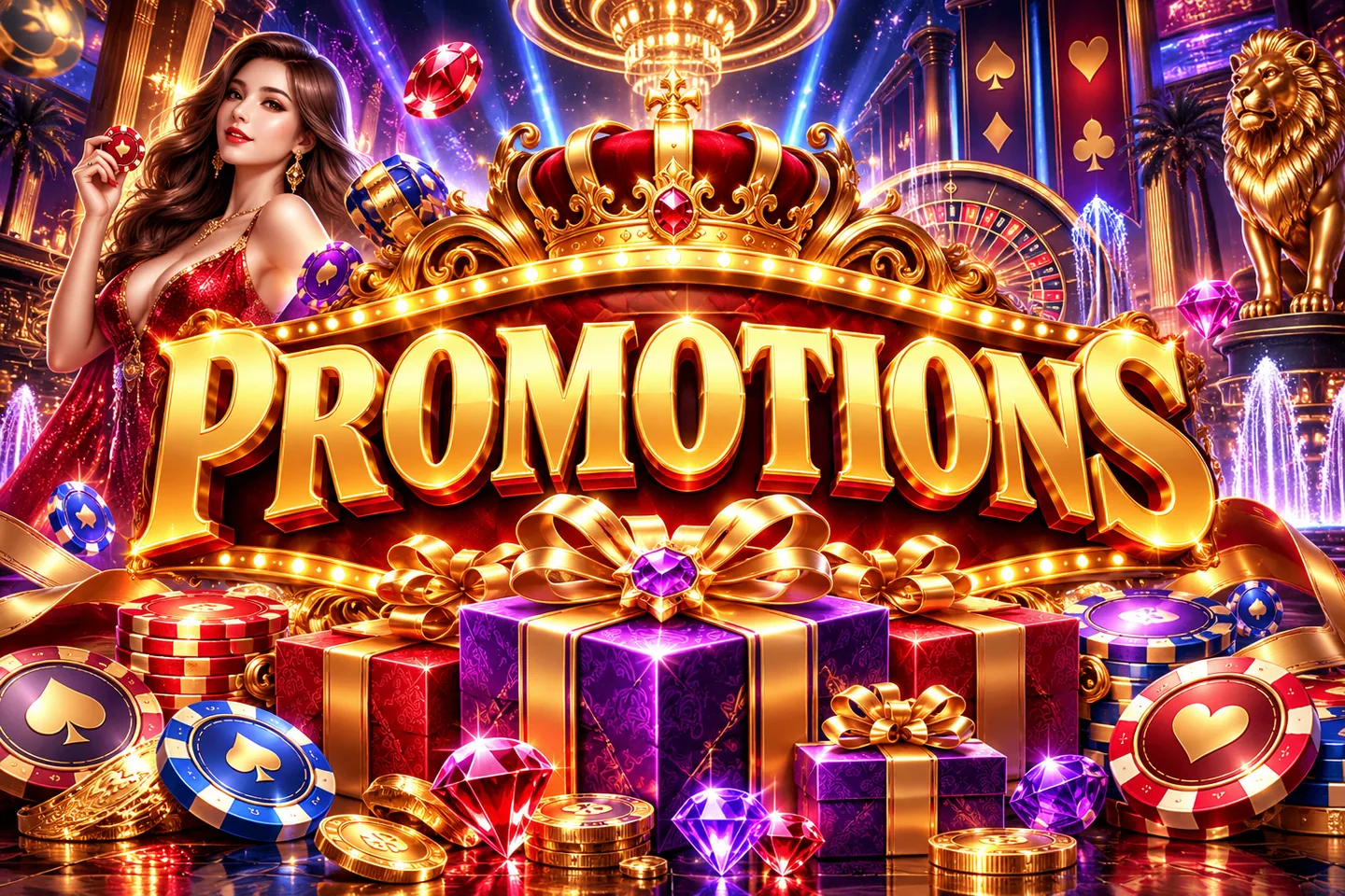 Gold Promotions title with gift boxes and satin ribbons