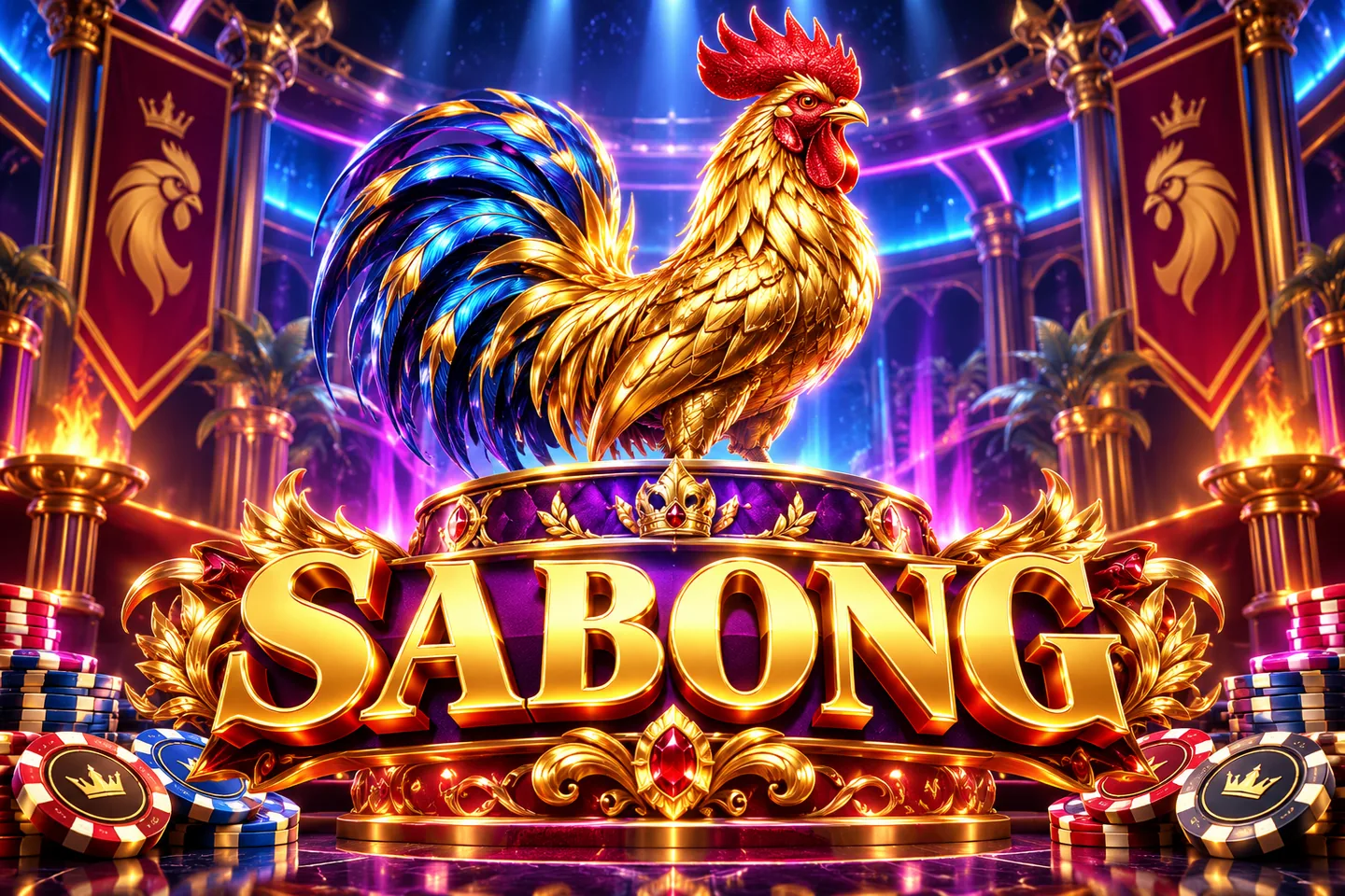 Gold Sabong title and an ornamental gold-and-sapphire rooster