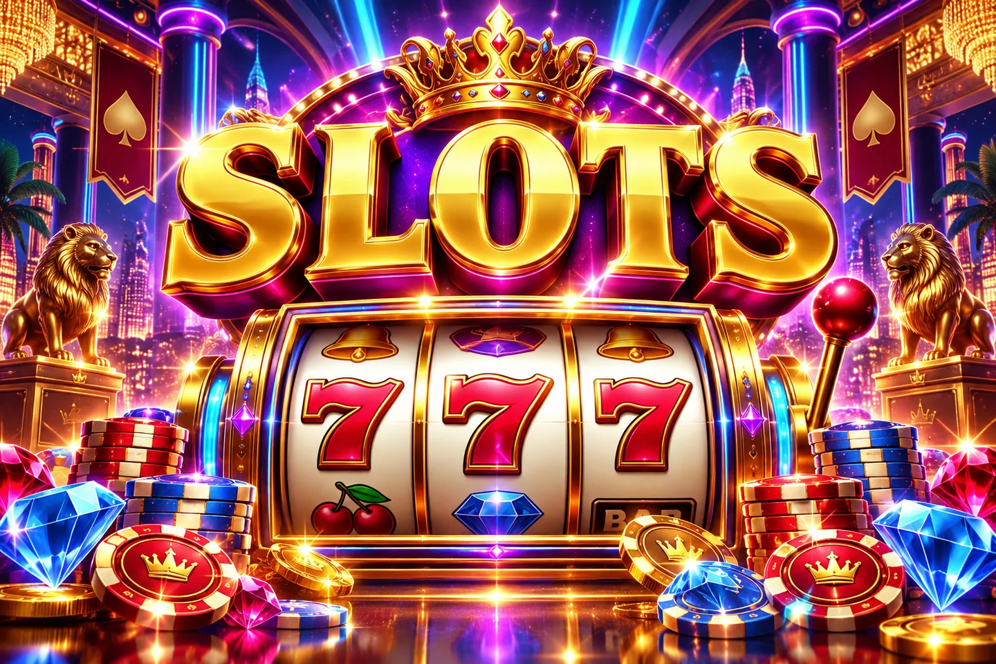 Gold 3D Slots title and illuminated triple-seven reels