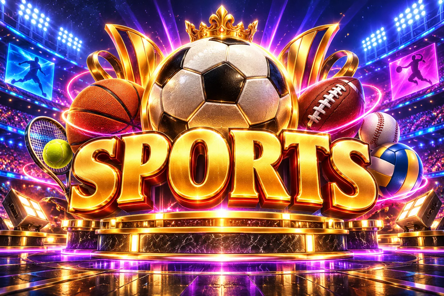 Gold Sports title with sports balls in a neon stadium
