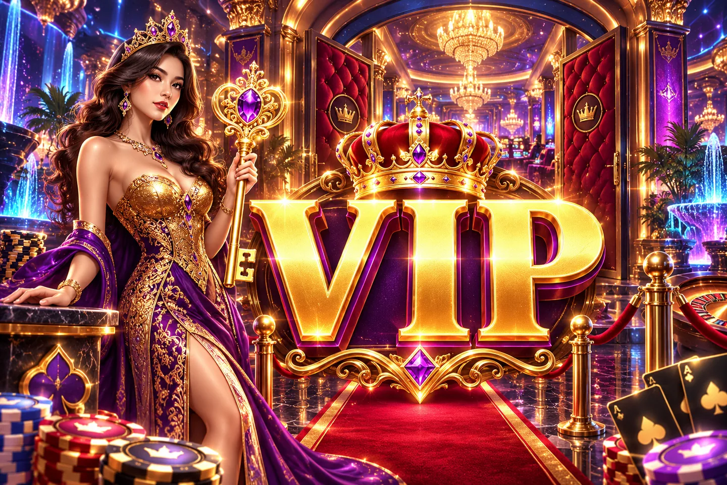 Gold VIP title with a casino queen and an ornate golden key