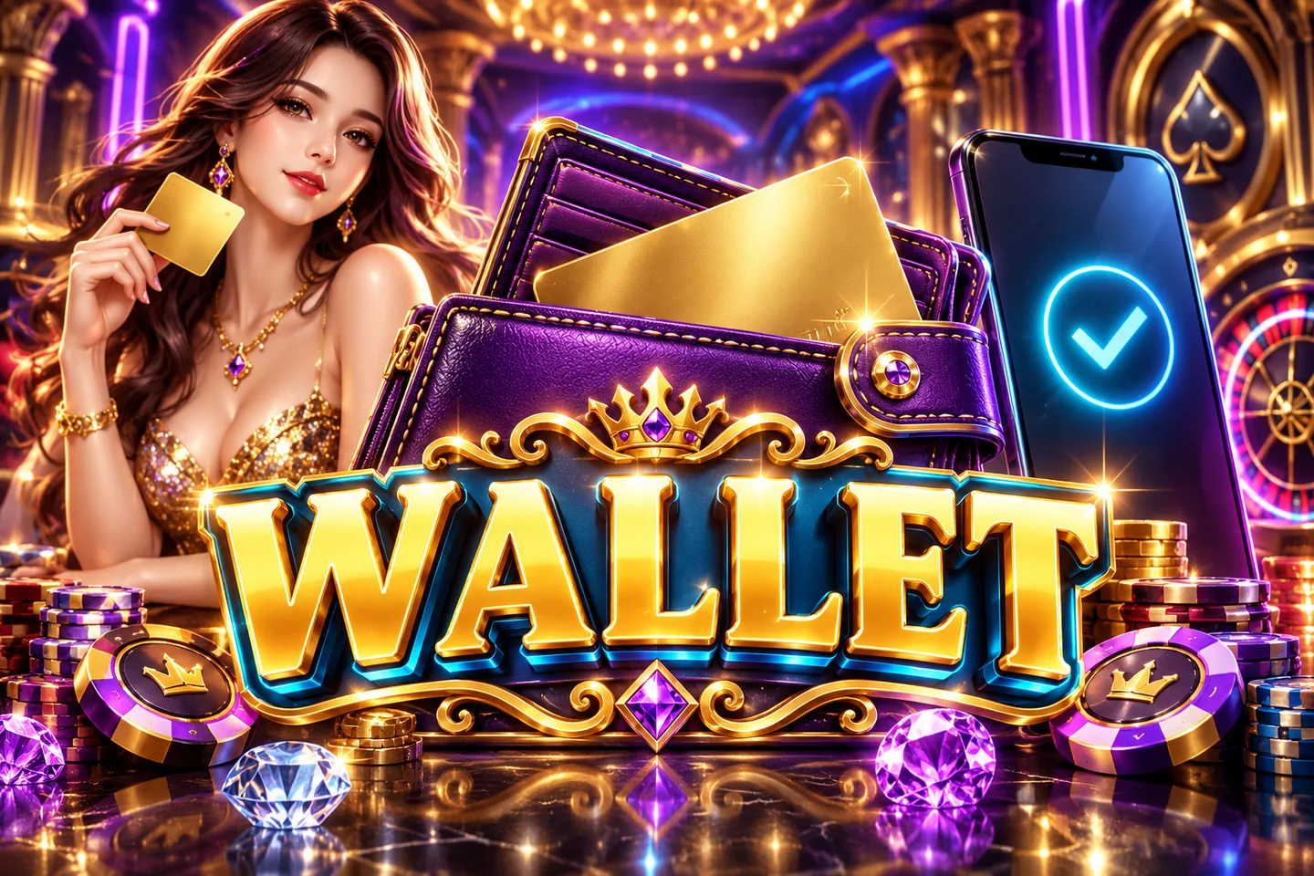 Gold Wallet title with a purple wallet, card and phone