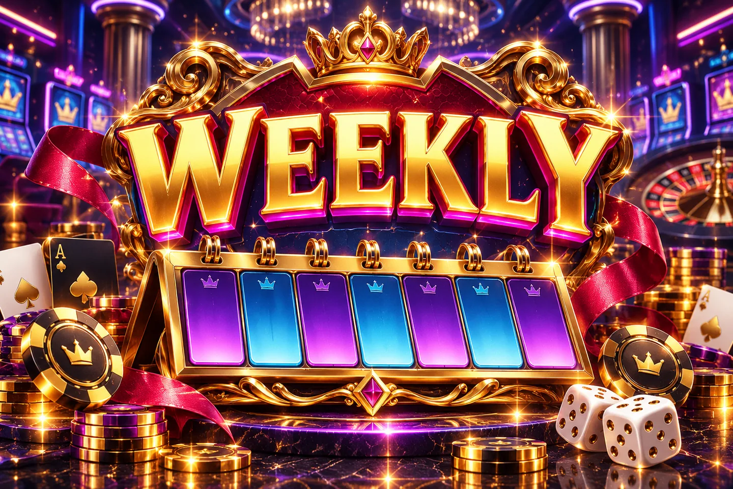 Gold Weekly title with a seven-panel calendar