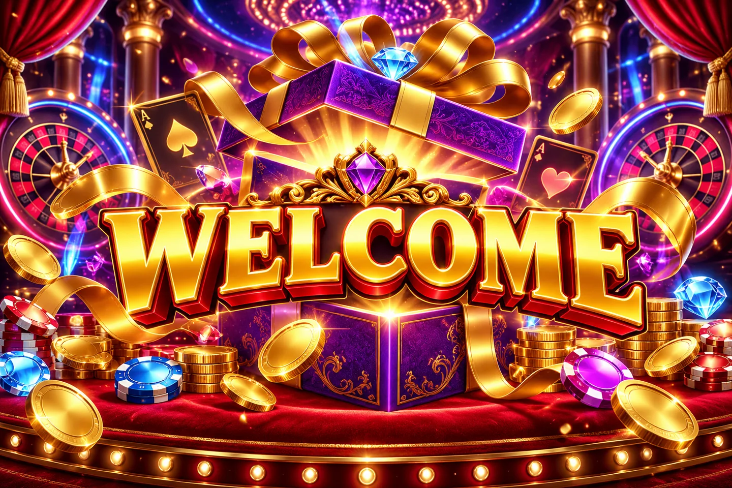 Gold Welcome title and a purple gift box with a golden ribbon