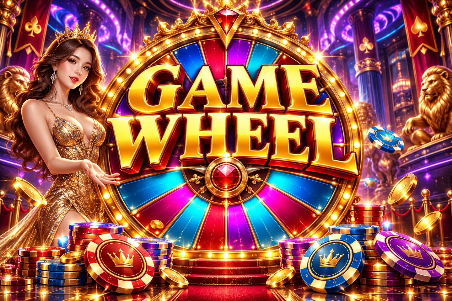 Gold Game Wheel title with a colorful illuminated wheel