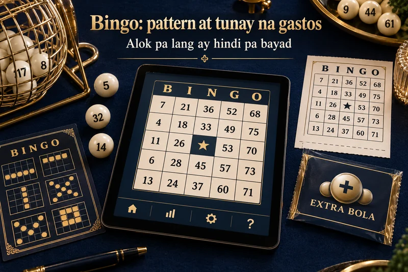 Fictional tablet bingo card, numbered balls and a separate extra-ball offer