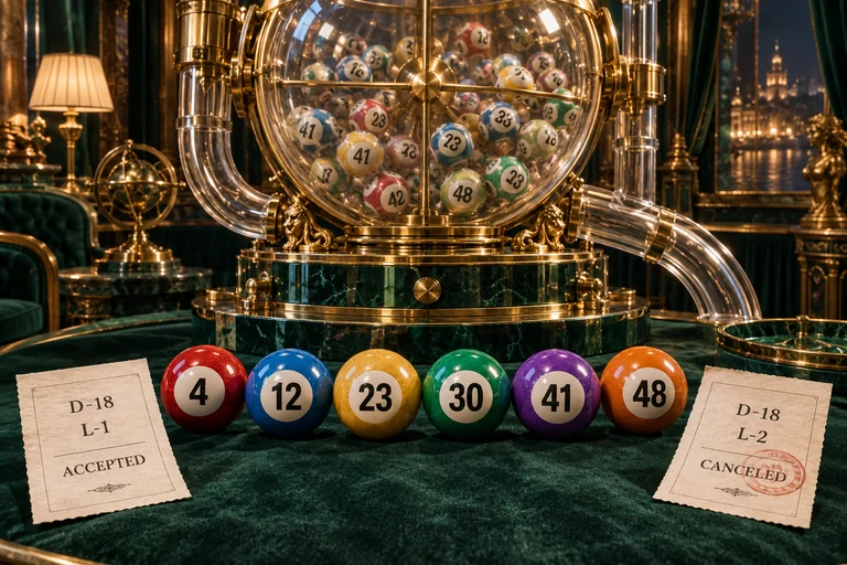 Detailed lottery globe and foreground balls numbered 4, 12, 23, 30, 41 and 48 sit between accepted L-1 and canceled L-2 receipts.