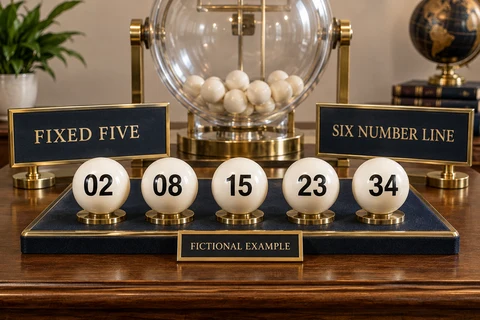 Fictional lottery desk with fixed balls 02, 08, 15, 23, 34 and plaques FIXED FIVE and SIX NUMBER LINE