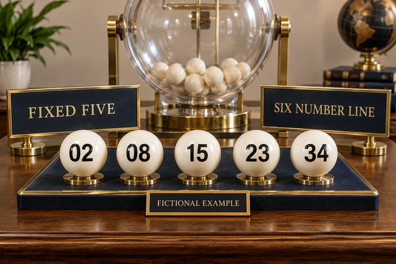 Fictional lottery desk with fixed balls 02, 08, 15, 23, 34 and plaques FIXED FIVE and SIX NUMBER LINE