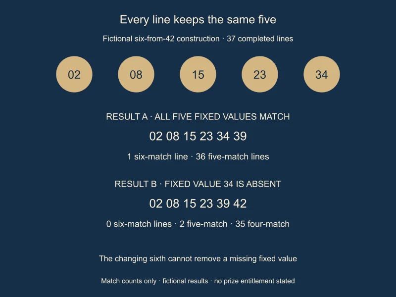 Two fictional results compared with the same fixed five: one six-match line when all five match, none when 34 is absent