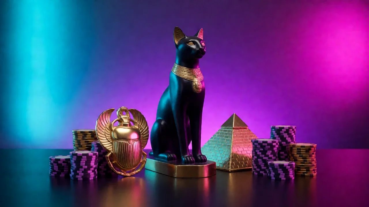 Black Egyptian cat statue with a gold collar beside a gold scarab, a gold pyramid model and stacks of violet and gold casino chips under cyan and magenta light