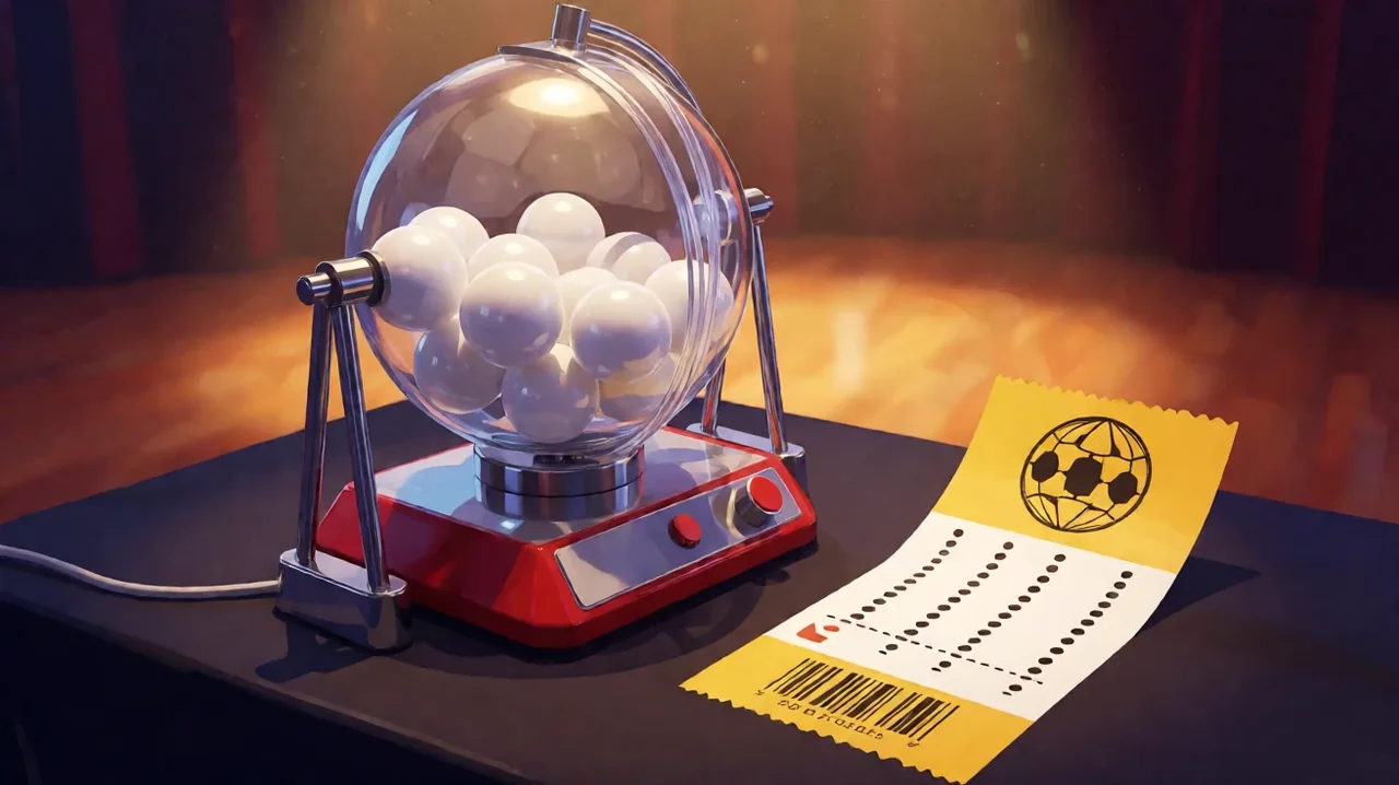 Lottery draw globe with glossy white balls beside a yellow ticket with a dotted grid and barcode on a dark table, warm stage light