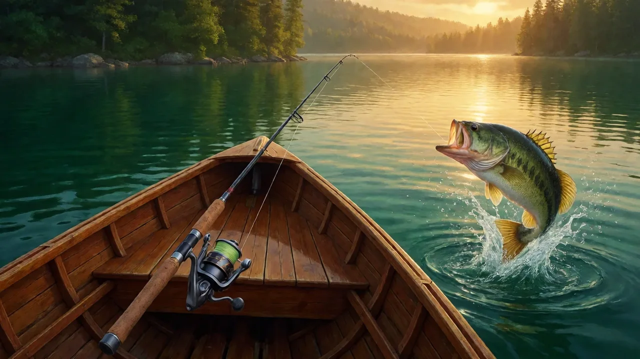 A wooden fishing boat with a rod and reel on the bow while a large bass leaps from a green lake at sunset