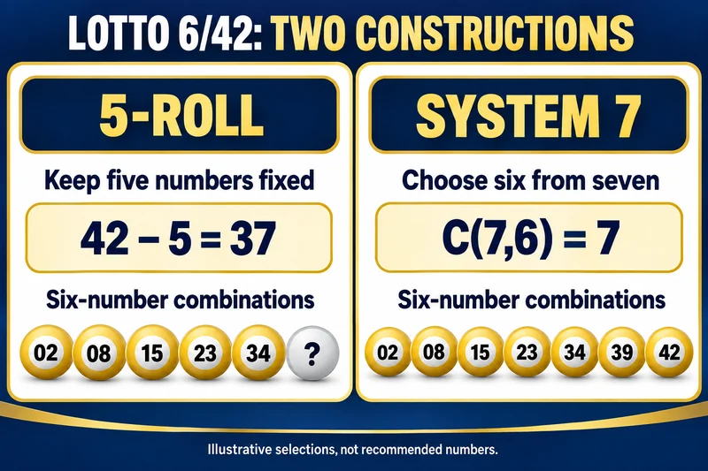 Lotto6/42 comparison: five fixed numbers allow37 completions; choosing six from seven gives7 subsets.
